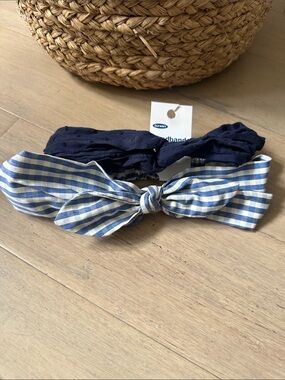 Old Navy Navy & Light Blue Gingham Bow and Navy Swiss Dot Headband Set